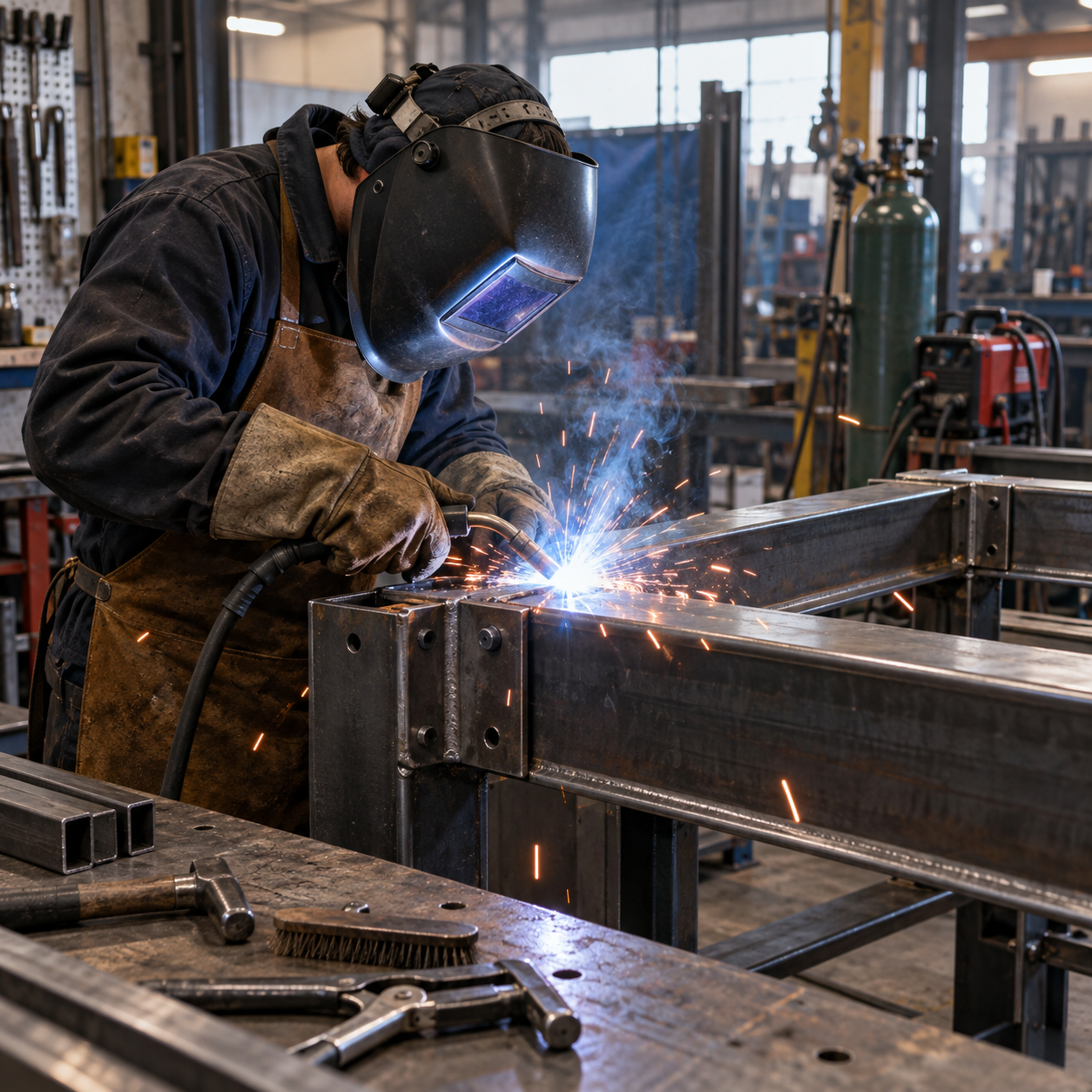 Welder working on a steel joint with protective equipment